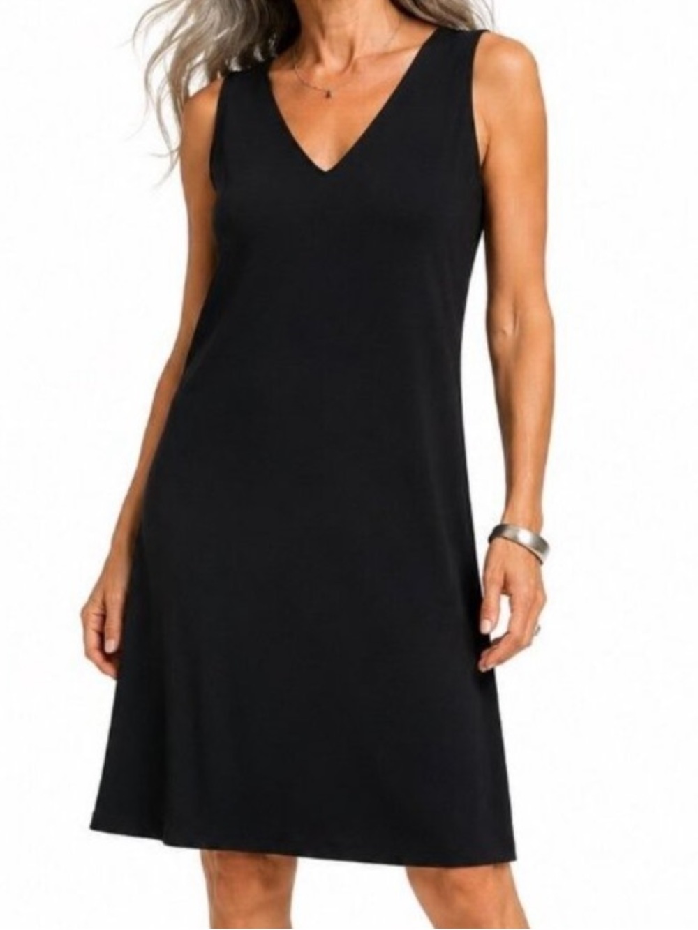 Eileen Fisher 100% Silk V Neck Sleeveless Black Midi Dress Size M